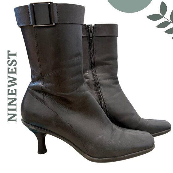 Classic Nine West Black Leather Kitten Heel Boots | Square Toe | Women’s 7.5 - Picture 1 of 9